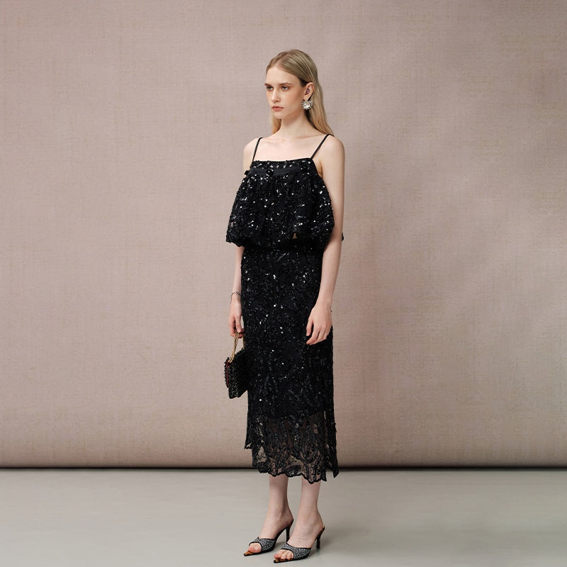 SEQUIN EMBROIDERED LONG SKIRT