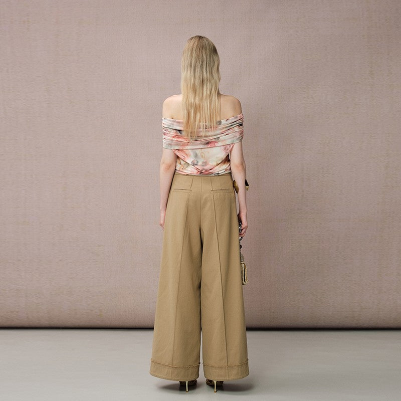 KHAKI BELTED STRAIGHT-LEG WIDE PANTS