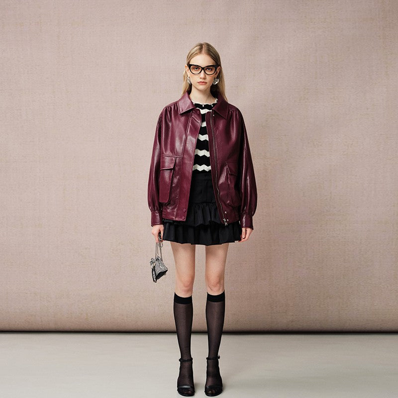 BURGUNDY CLASSIC LAPEL LEATHER JACKET