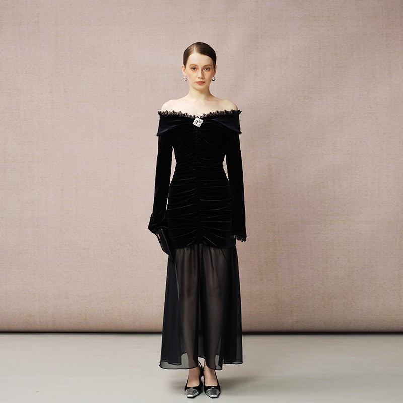 VELVET CHIFFON OFF-SHOULDER DRESS