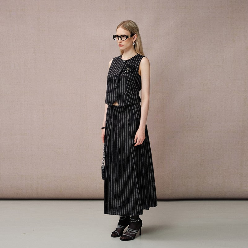 STRIPED LINEN PLEATED SKIRT