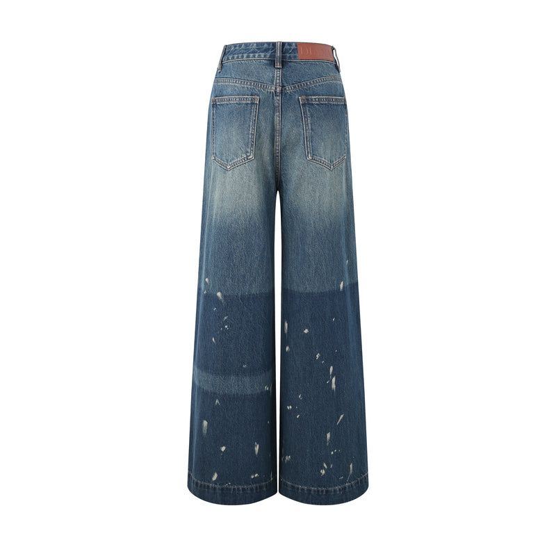 COLOR-BLOCK WASHED WIDE-LEG DENIM PANTS