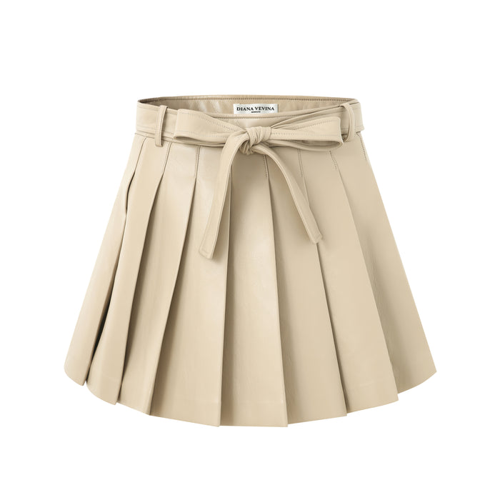 KHAKI PLEATED LEATHER SKIRT