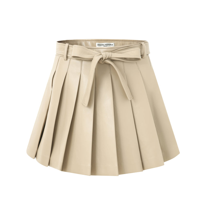 KHAKI PLEATED LEATHER SKIRT
