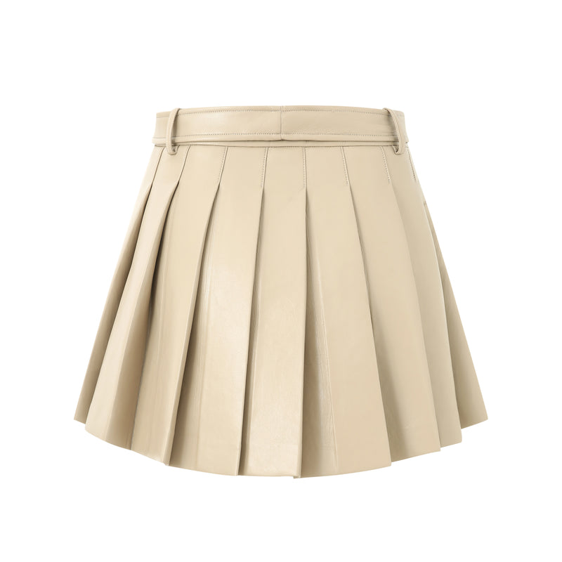 KHAKI PLEATED LEATHER SKIRT