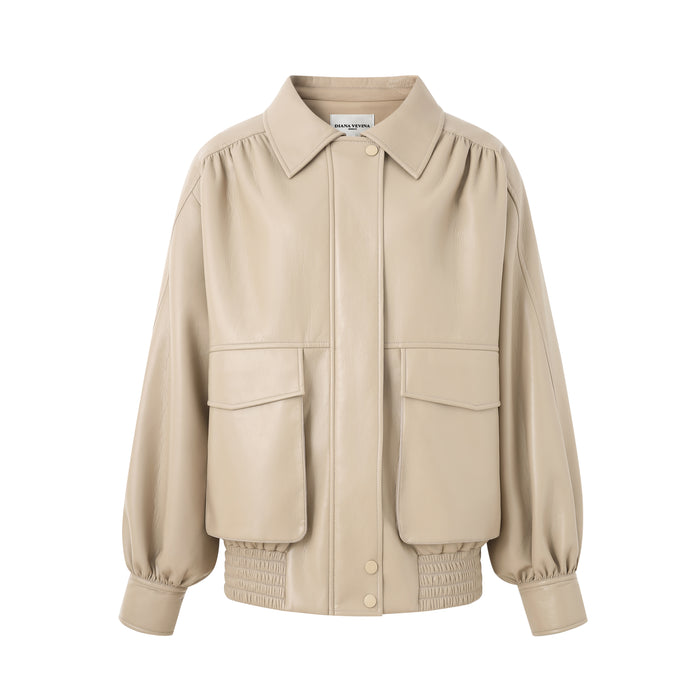 BEIGE CLASSIC LAPEL LEATHER JACKET