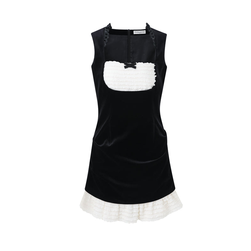 VELVET SEQUIN RHINESTONE BOW DRESS