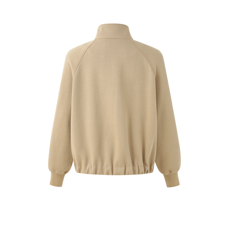 KHAKI ZIP-UP COLLARED SWEATSHIRT JACKET