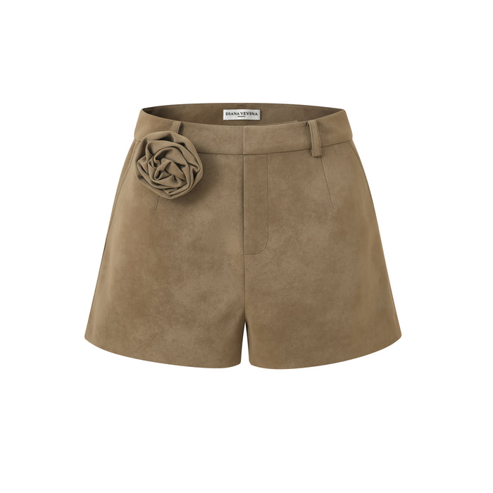 COFFEE BROWN FLOWER LEATHER SHORTS