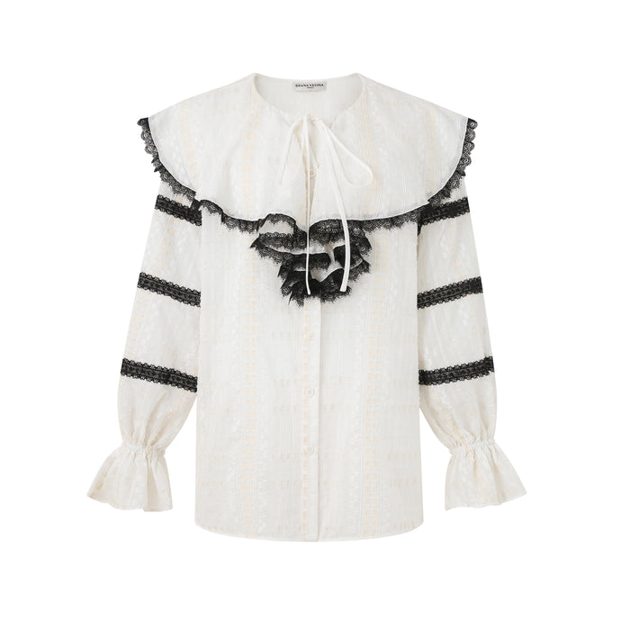 CONTRAST LACE TRIM BLACK BLOUSE