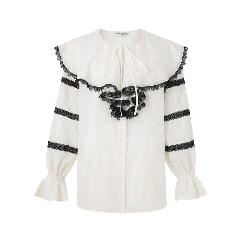 CONTRAST LACE TRIM BLACK BLOUSE