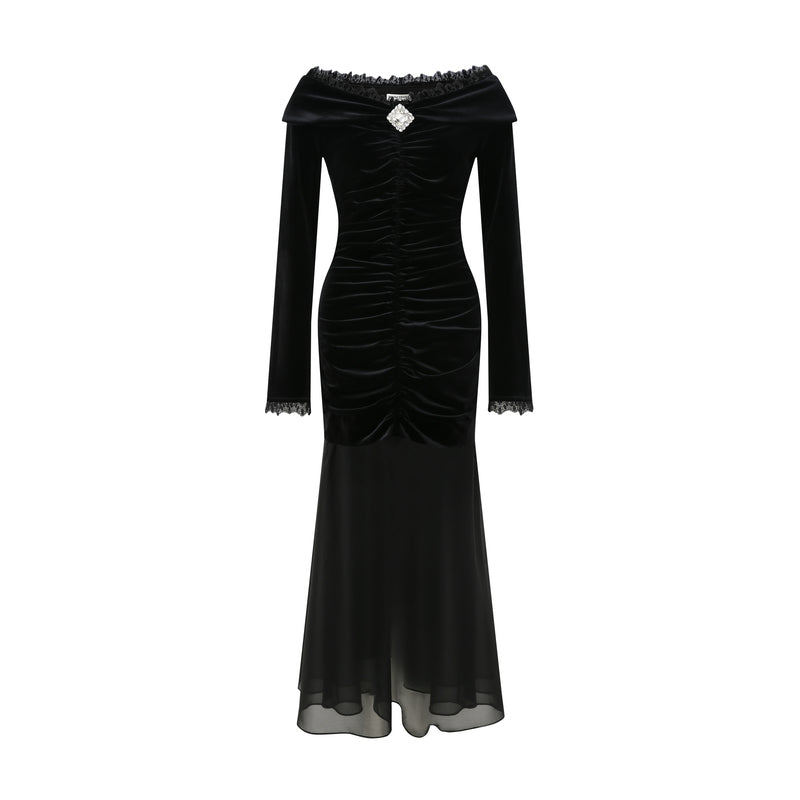 VELVET CHIFFON OFF-SHOULDER DRESS