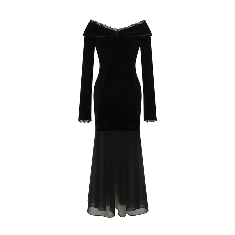VELVET CHIFFON OFF-SHOULDER DRESS