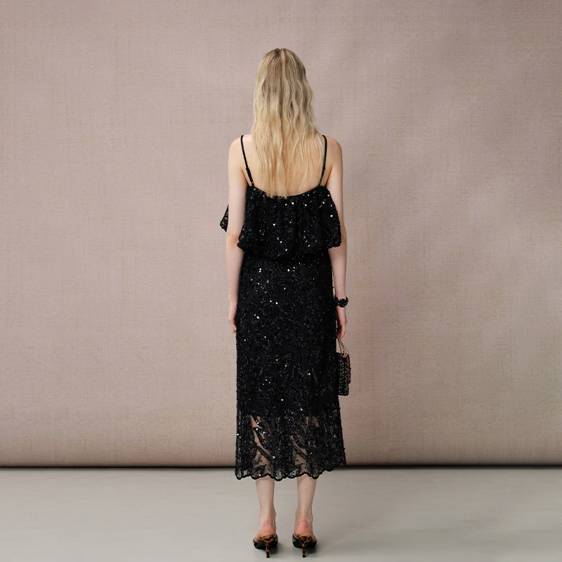 SEQUIN EMBROIDERED LONG SKIRT