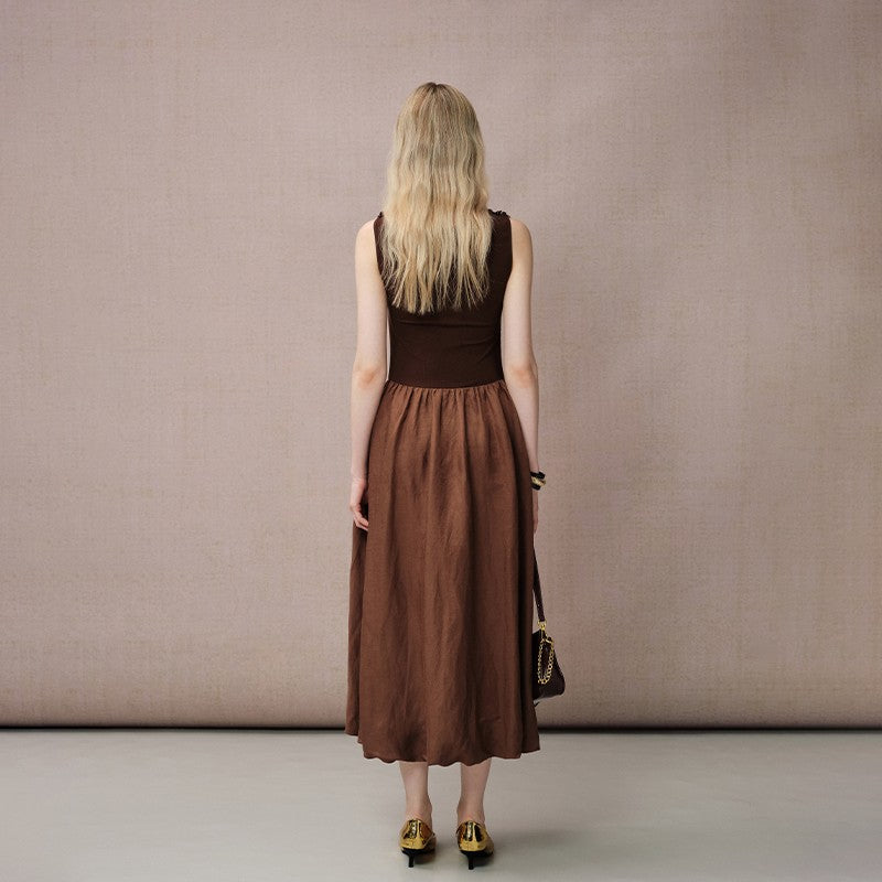 COFFEE KNIT PANEL BUBBLE HEM MAXI DRESS