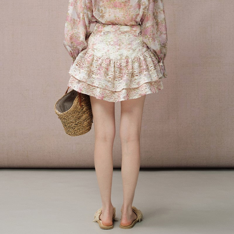 DOUBLE LAYER EMBROIDERED PRINT PUFF SKIRT