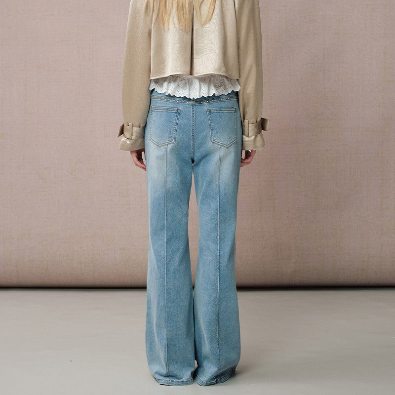 RHINESTONE FLARED DENIM PANTS