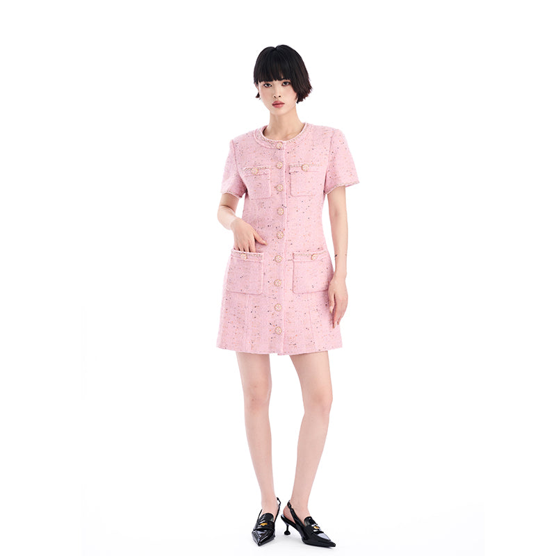 PINK TWEED SHORT SLEEVE DRESS