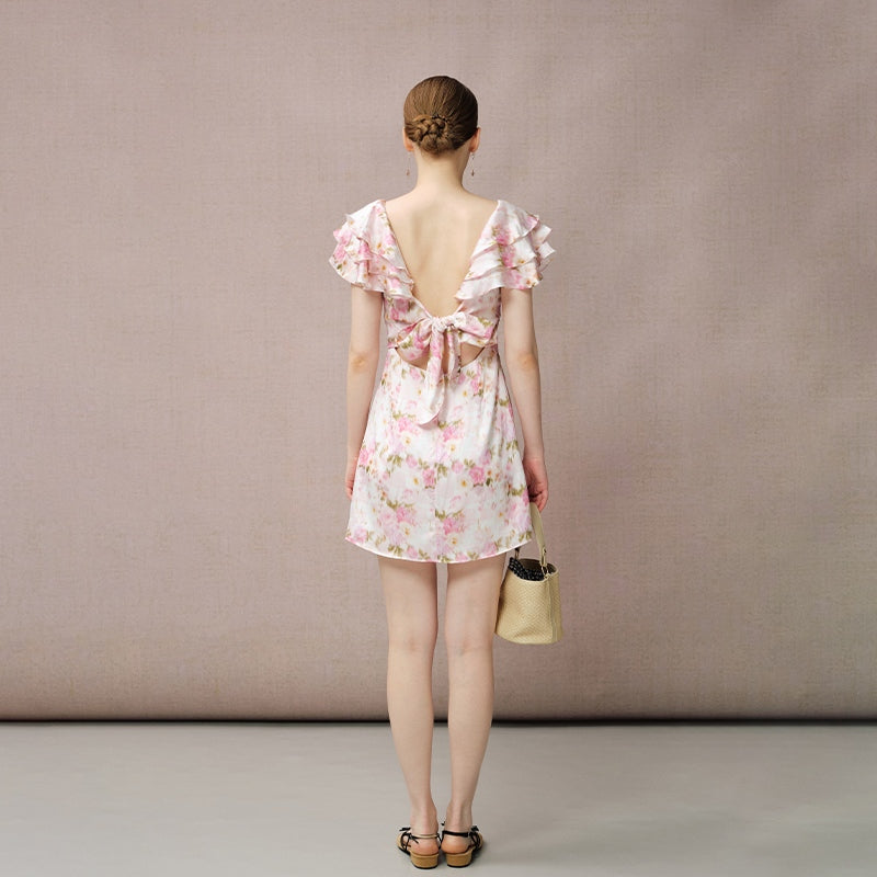 PINK PRINT V-NECK MINI DRESS