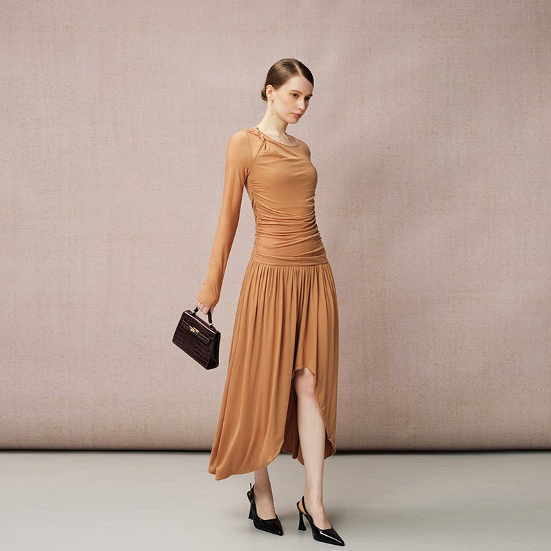 CARAMEL KNITTED LONG SLEEVE DRESS