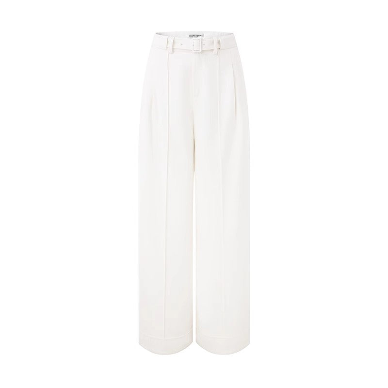 WHITE BELTED STRAIGHT-LEG WIDE PANTS