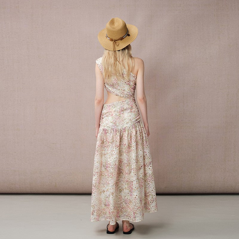 ONE-SHOULDER PINK EYELET EMBROIDERED DRESS