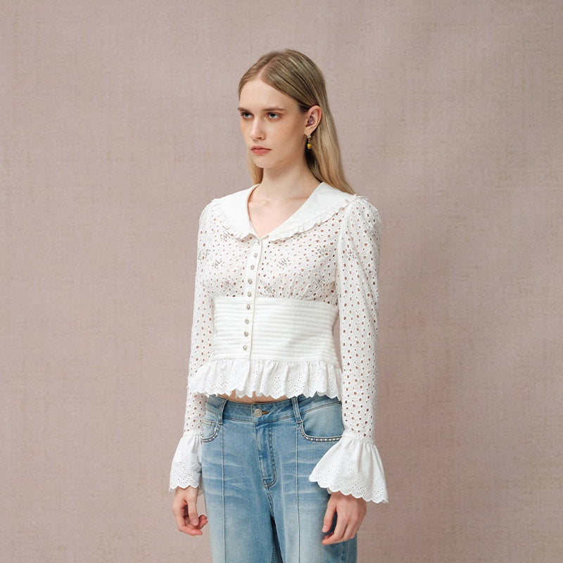 EMBROIDERED PEARL-EMBELLISHED NAVY COLLAR SHIRT