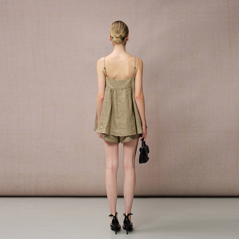 GREEN LINEN DRAWSTRING SHORTS