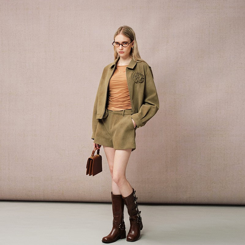 COFFEE BROWN FLOWER LEATHER SHORTS