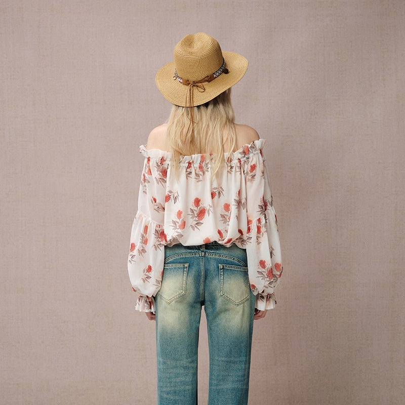ROSE PRINT CHIFFON OFF-SHOULDER TOP