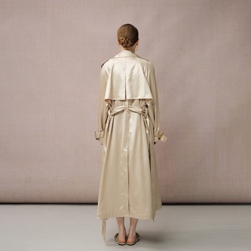 SATIN DOUBLE-LAYER COLLAR LONG TRENCH COAT