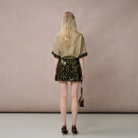 GREEN SEQUIN PANEL LINEN SKIRT