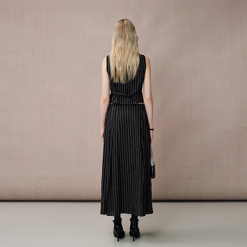 STRIPED LINEN PLEATED SKIRT