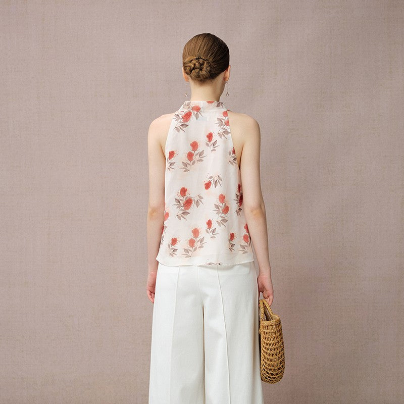 ROSE PRINT CHIFFON TIE BLOUSE