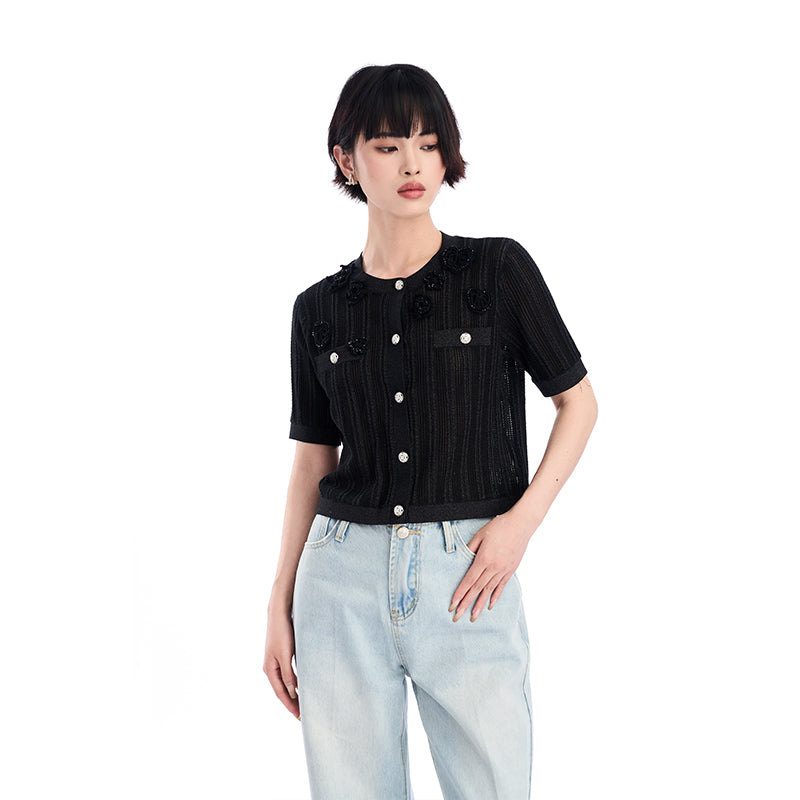 BLACK CROCHET SHORT SLEEVE CARDIGAN