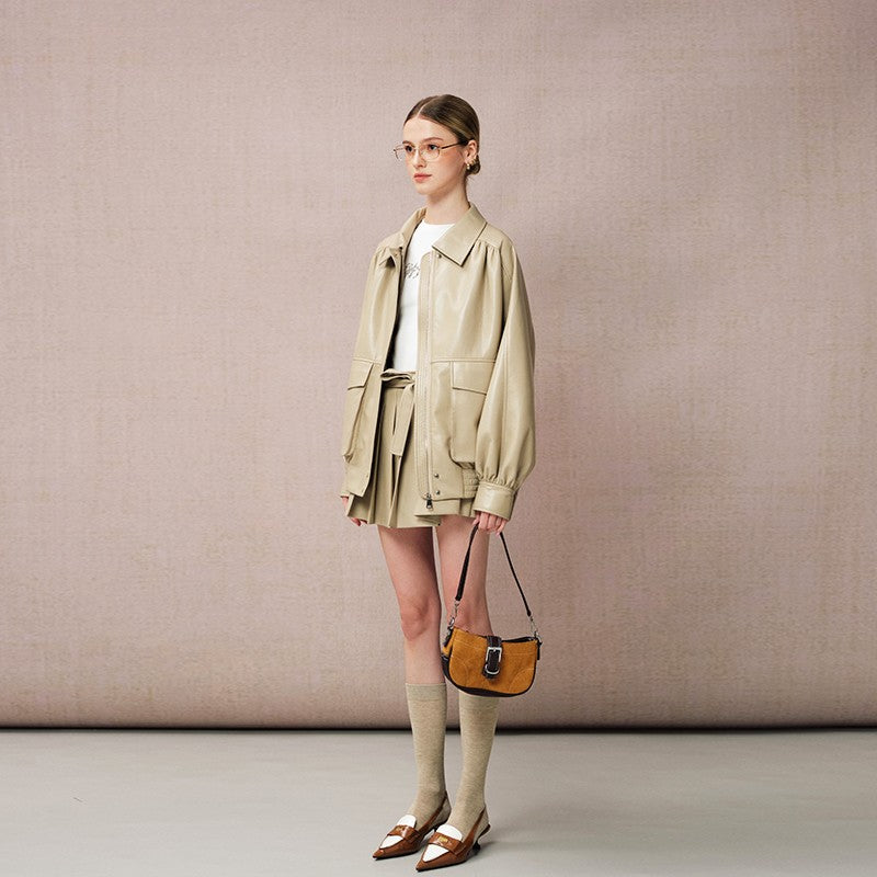 KHAKI PLEATED LEATHER SKIRT