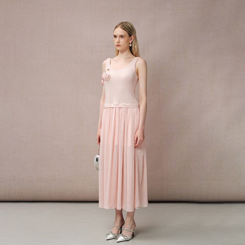 PINK BUTTERFLY EMBROIDERY PATCHWORK SLEEVELESS DRESS