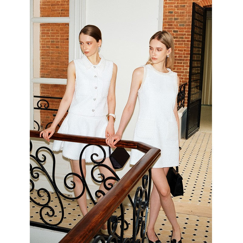 PEARL TRIM TWEED SLEEVELESS DRESS