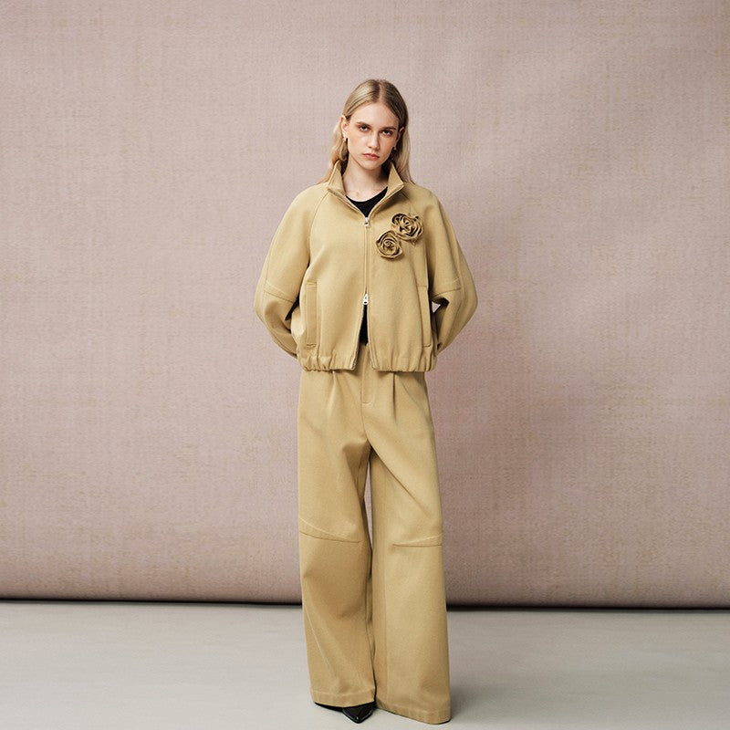 KHAKI ZIP-UP COLLARED SWEATSHIRT JACKET