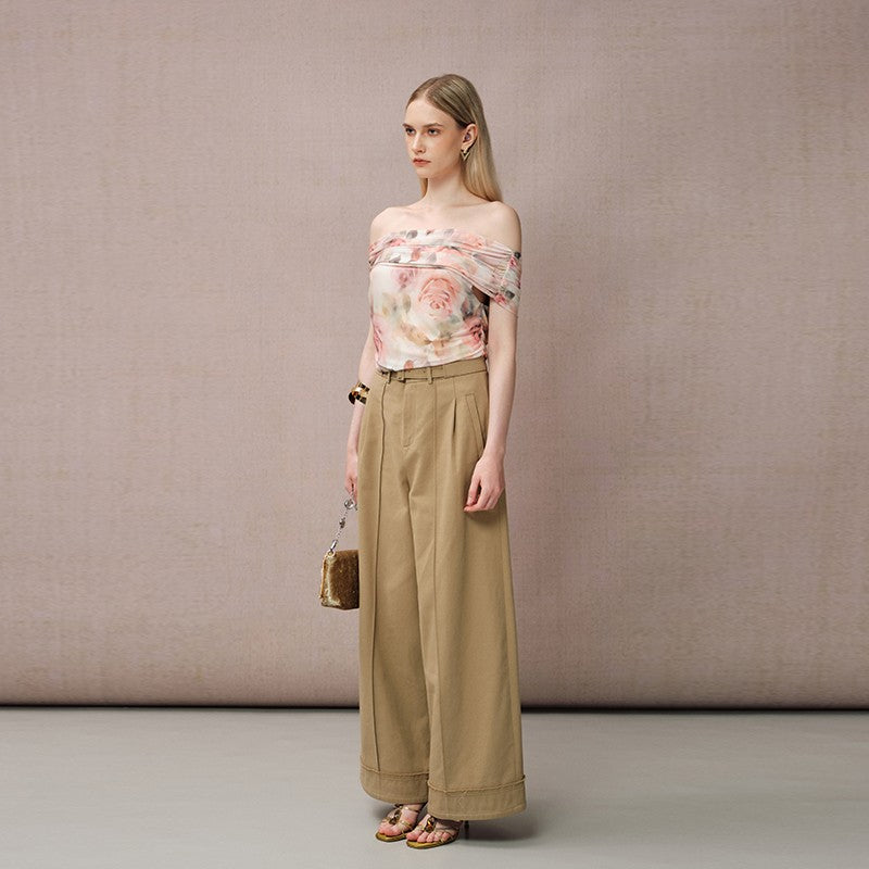 KHAKI BELTED STRAIGHT-LEG WIDE PANTS