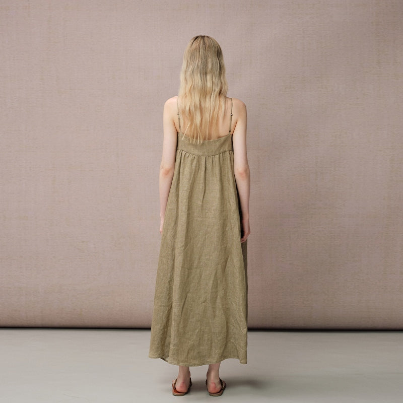 GREEN LINEN SEQUIN PANEL DRESS