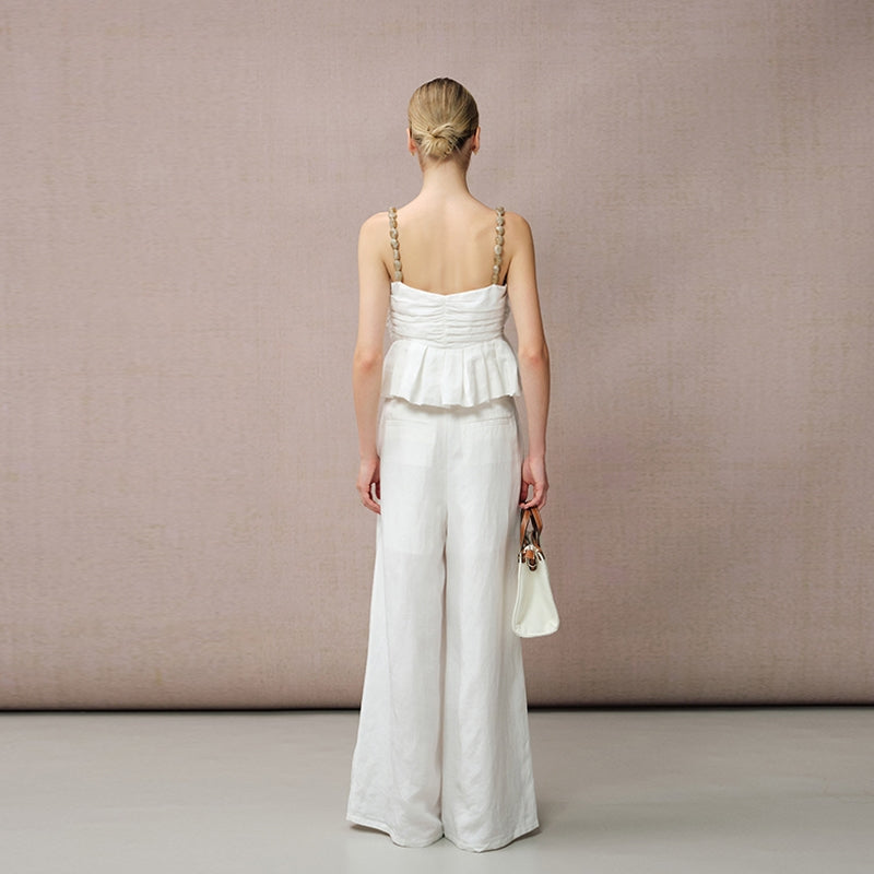 COTTON-LINEN WHITE WIDE-LEG PANTS