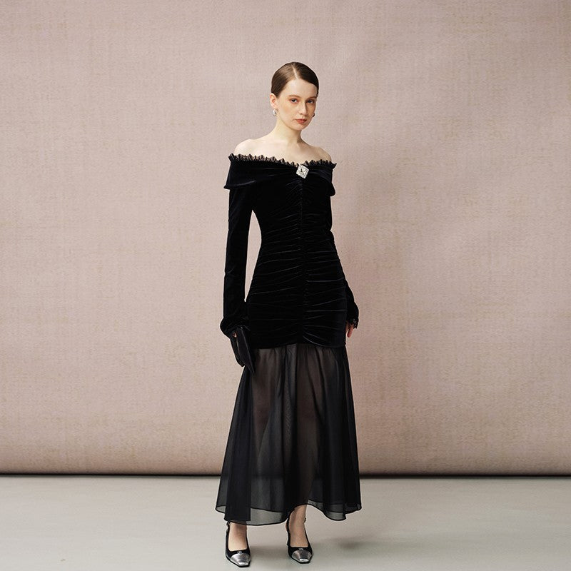 VELVET CHIFFON OFF-SHOULDER DRESS