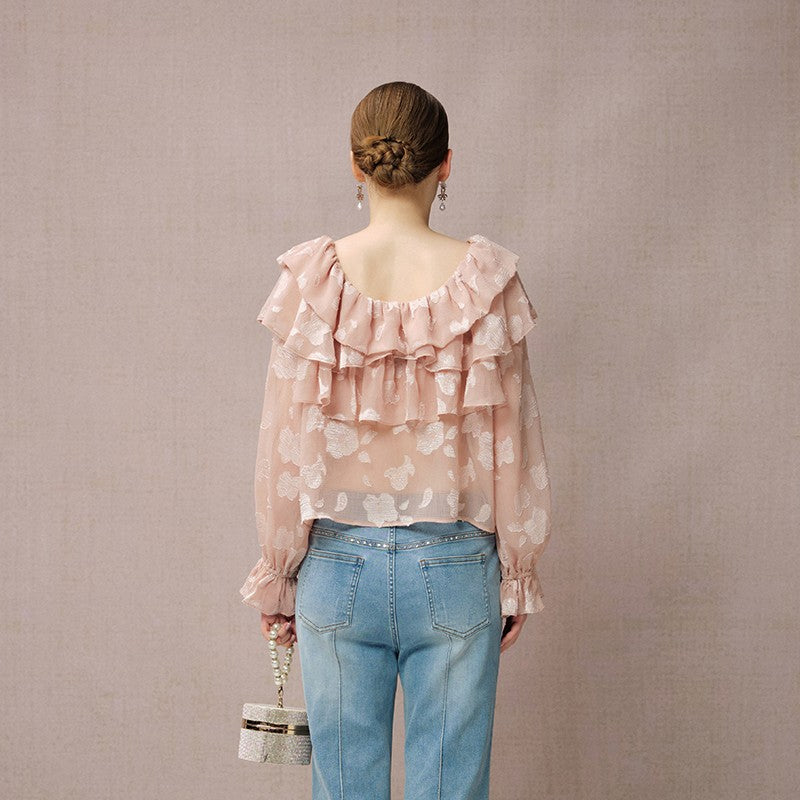 TEXTURED BURNOUT CHIFFON RUFFLE BLOUSE