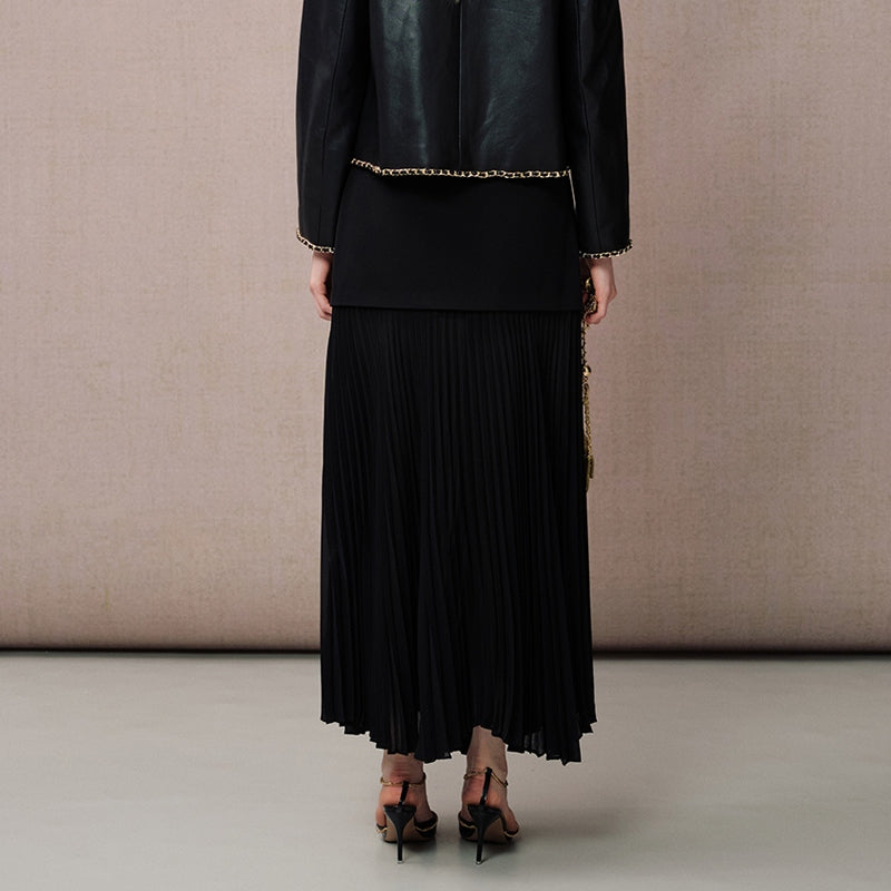 BLACK 3D FLORAL PLEATED MAXI SKIRT