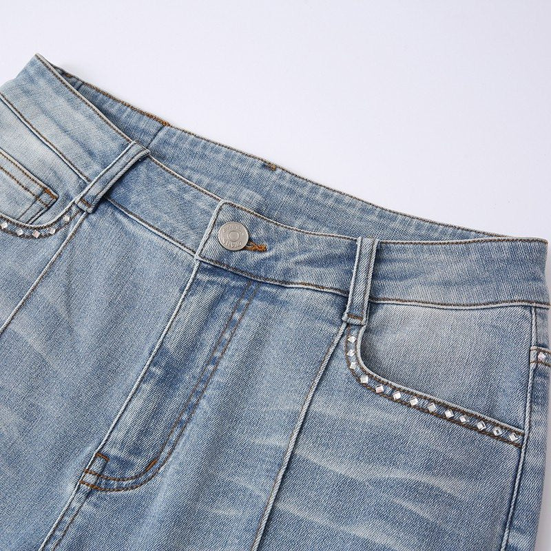 RHINESTONE FLARED DENIM PANTS