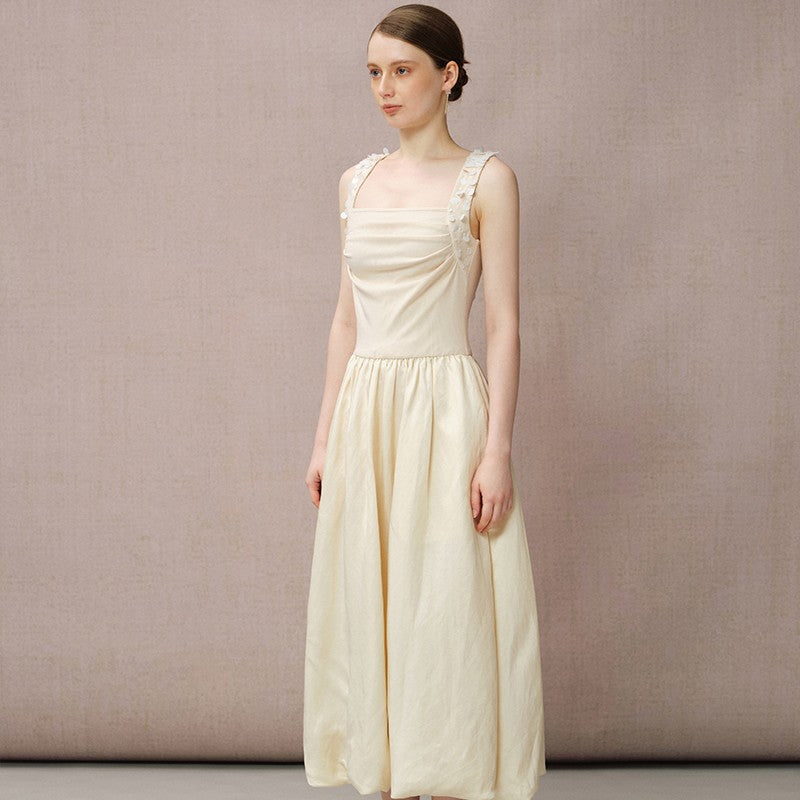 BEIGE KNIT PANEL BUBBLE HEM MAXI DRESS