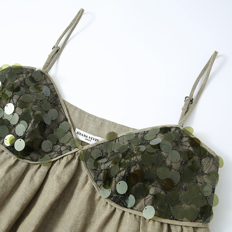 GREEN LINEN SEQUIN PANEL CAMI
