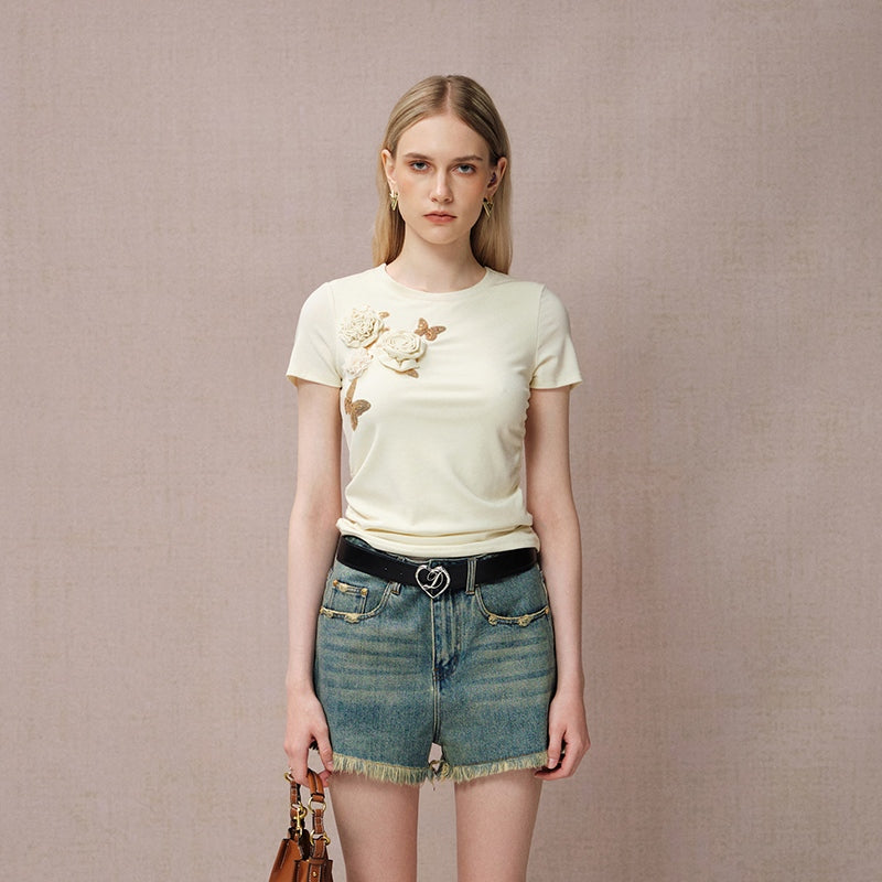 YELLOW BUTTERFLY BEADED FLORAL T-SHIRT