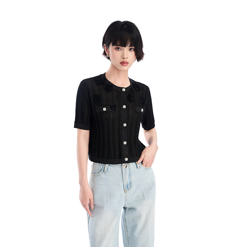 BLACK CROCHET SHORT SLEEVE CARDIGAN